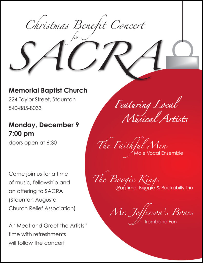 Join Mr Jefferson's Bones for the SACRA Holiday Benefit concert on Monday, December 9