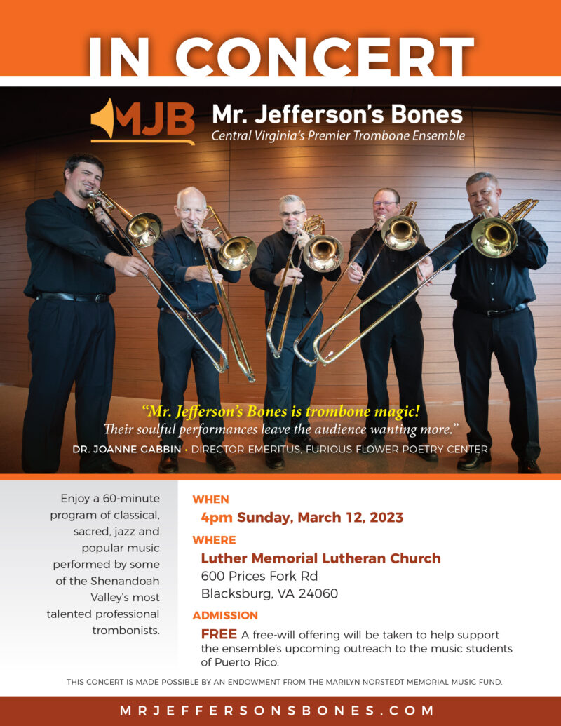 Poster advertising a Mr. Jefferson's Bones concert in Balckburg, Virginia on March 18 at 4 p.m.